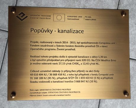 realizace - Mosazná úředně informační tabule publicity Evropské únie – Popůvky – kanalizace